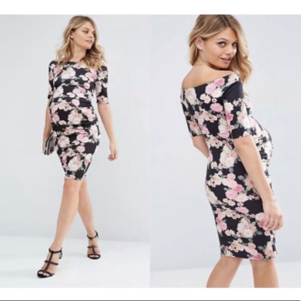 ASOS Maternity Womens Black Floral Bardot Dress